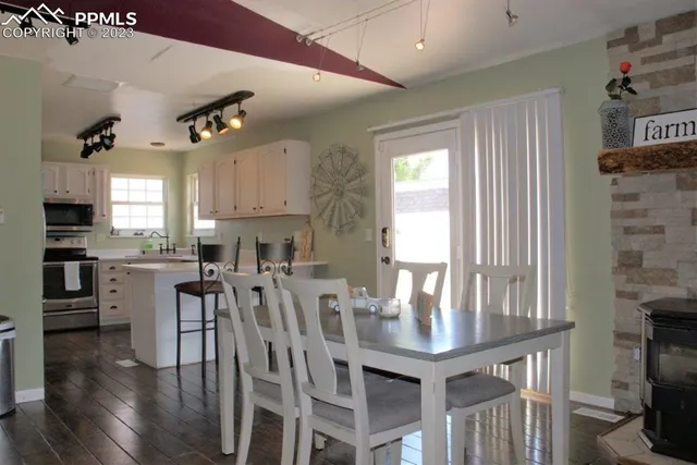 a view of a dining room with furniture