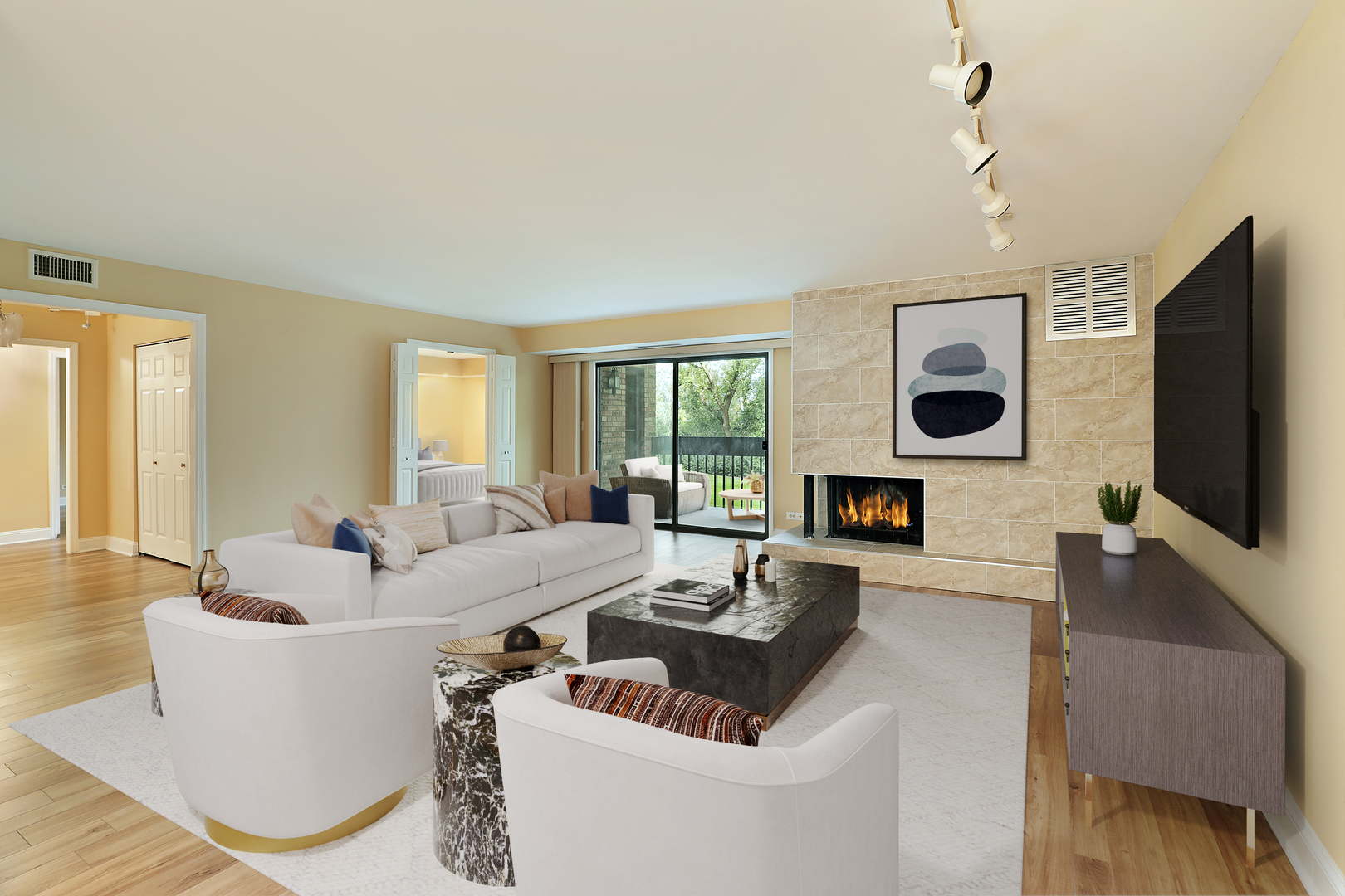 1621 Mission Hills Road, Unit 104 Northbrook, IL 60062 - Photo 6 of 29 a living room with fireplace furniture and a flat screen tv