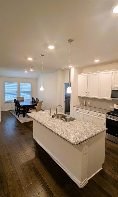 2408 Wildhaven Road Crandall, TX 75114 - Photo 16 of 39 Kitchen featuring hanging light fixtures, appliances with stainless steel finishes, white cabinetry, dark wood-style floors, and recessed lighting