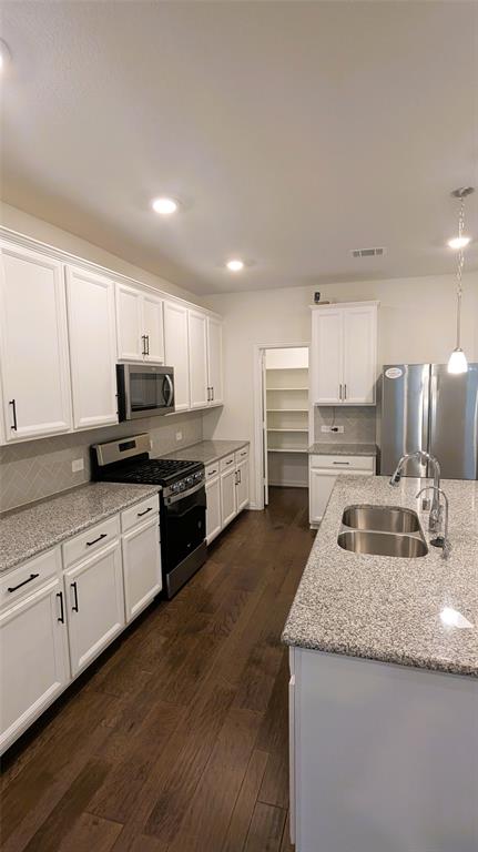 2408 Wildhaven Road Crandall, TX 75114 - Photo 17 of 39 Kitchen featuring stainless steel appliances, white cabinetry, light stone counters, decorative light fixtures, and decorative backsplash