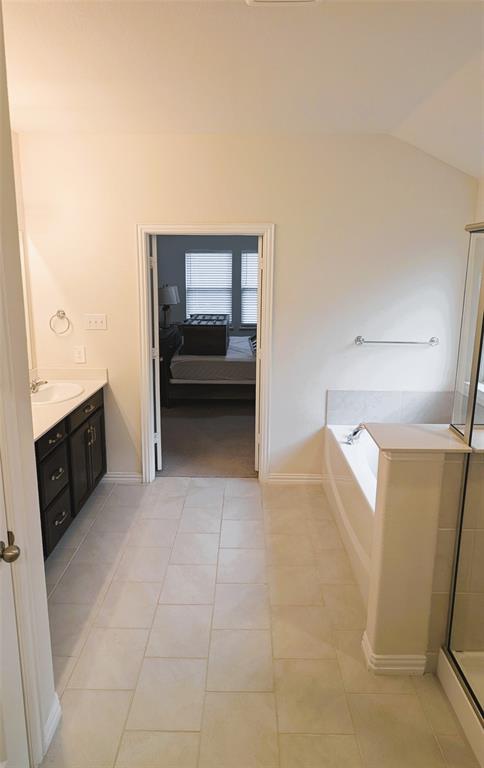 2408 Wildhaven Road Crandall, TX 75114 - Photo 27 of 39 Full bathroom with vanity, ensuite bathroom, a garden tub, lofted ceiling, and light tile patterned floors