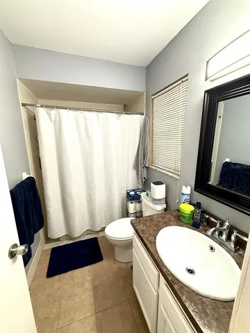 a bathroom with a sink a toilet a mirror and shower curtain