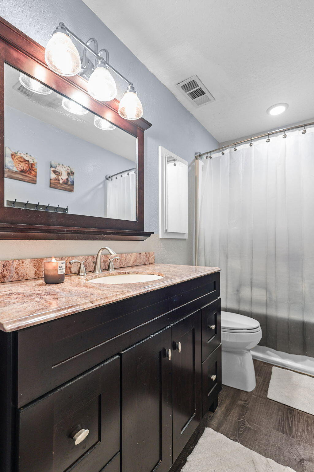 29453 Round Mountain Road Bella Vista, CA 96008 - Photo 19 of 31 a bathroom with a granite countertop sink a toilet and a mirror