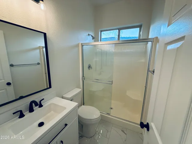 a bathroom with a sink a toilet and shower