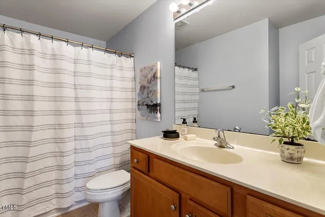 a bathroom with a sink a toilet and shower curtain