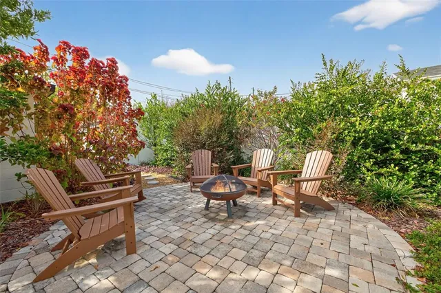 a view of a backyard with sitting area