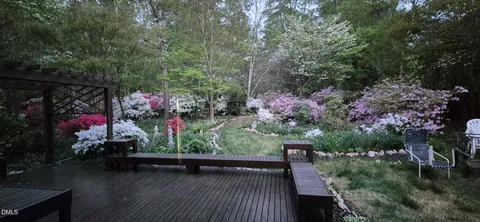 a bunch of flowers and trees in a yard
