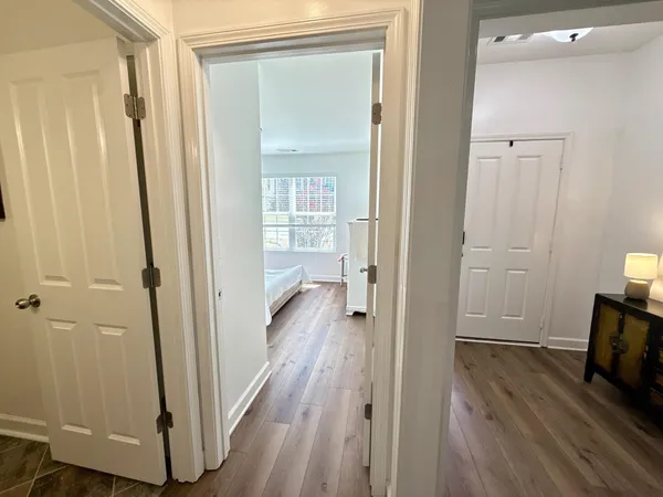 a workspace with wooden floor