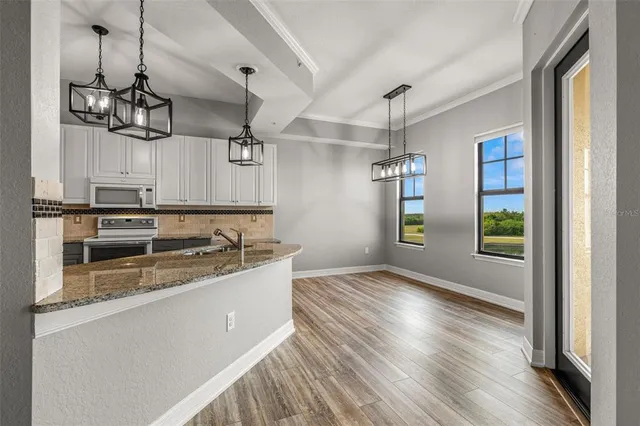 a large kitchen with stainless steel appliances granite countertop a sink and dishwasher a stove with wooden floor