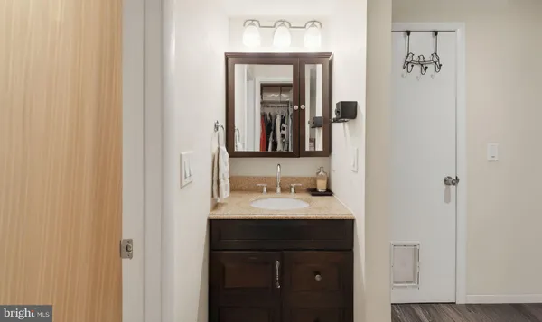 a bathroom with a sink and a mirror