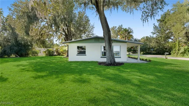 a backyard of a house with potted plants and large tree