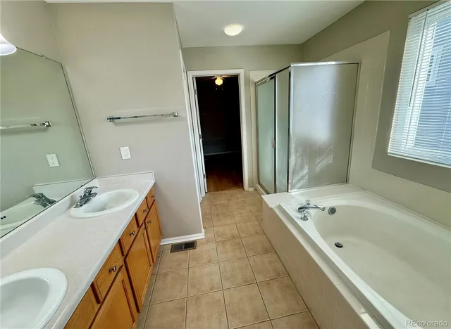 a bathroom with a tub sink and mirror