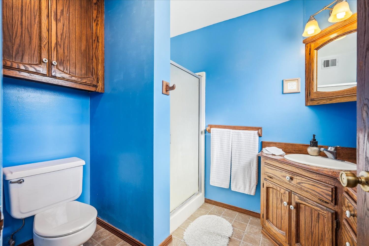 31325 Delaware Road Coarsegold, CA 93614 - Photo 32 of 39 a bathroom with a toilet a sink a vanity and mirror