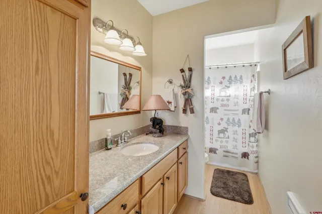 a bathroom with a granite countertop sink mirror vanity and a shower