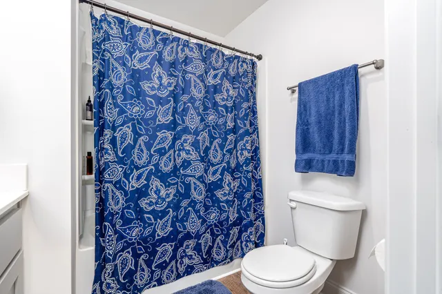 a white toilet sitting next to a shower curtain