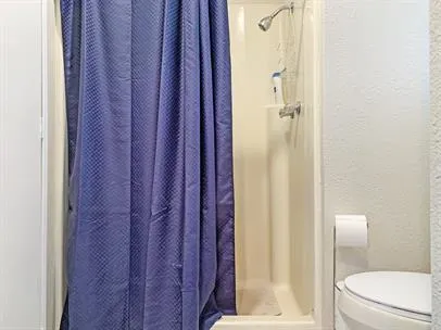 a bathroom with a shower and a toilet