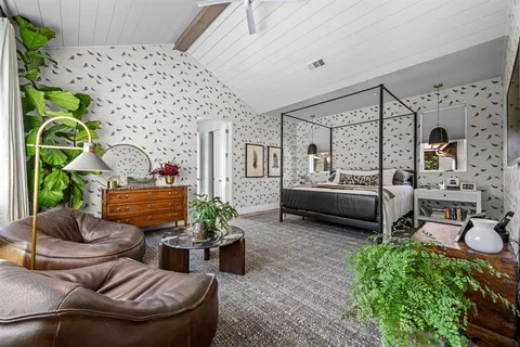 a living room with furniture flowerpot and a potted plant