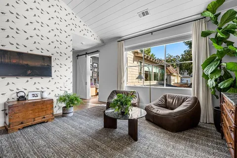 a living room with furniture and a potted plant