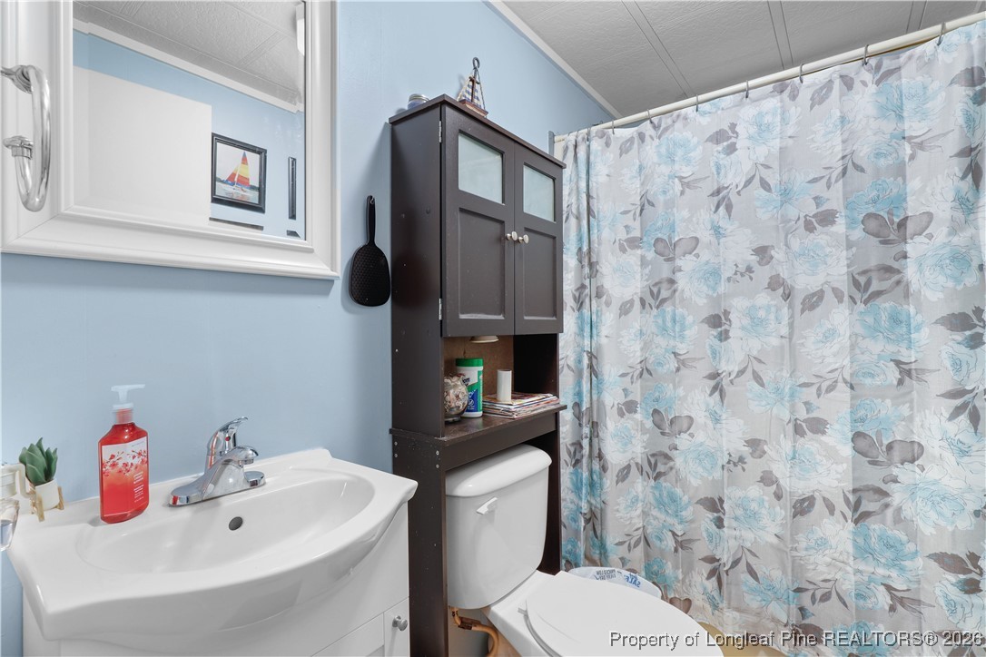 156 Connell Road Carthage, NC 28327 - Photo 20 of 43 a bathroom with a sink a toilet and a shower curtain