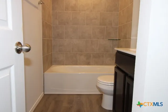 a bathroom with a bathtub and a toilet