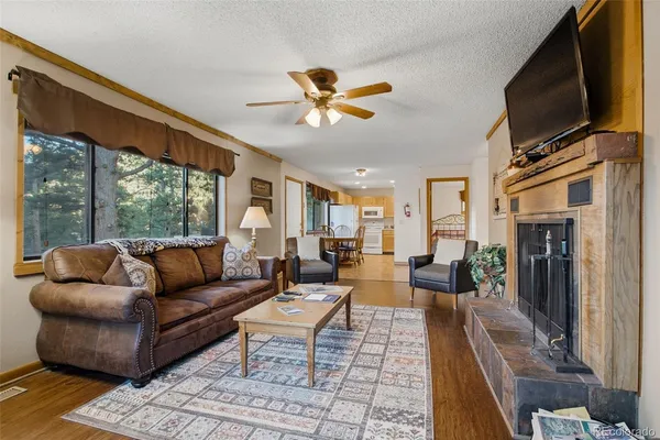 a living room with fireplace furniture and a flat screen tv