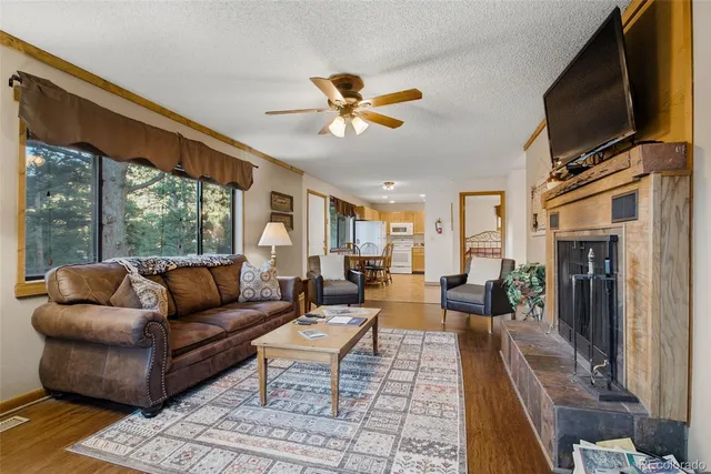 a living room with fireplace furniture and a flat screen tv