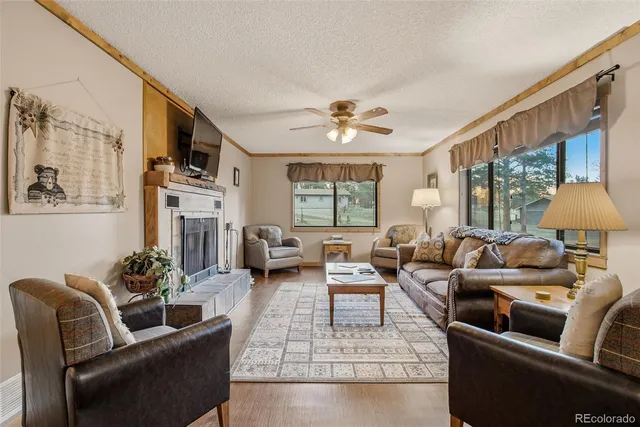 a living room with furniture fireplace and a large window
