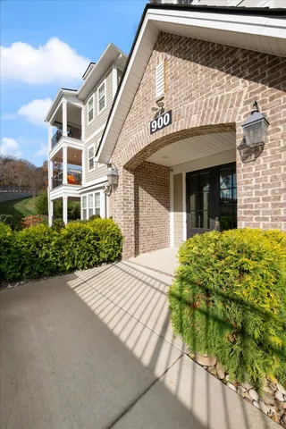 a building outdoor space with seating area