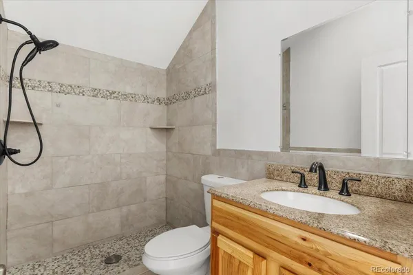 a bathroom with a granite countertop sink a toilet and shower
