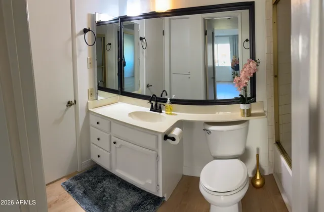 a bathroom with a granite countertop toilet sink and mirror