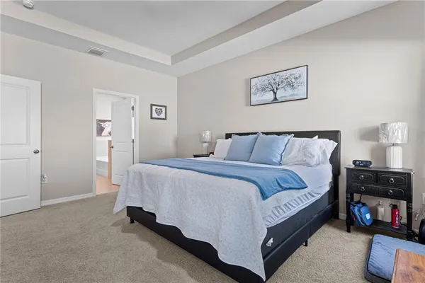 a bedroom with a bed and a couch