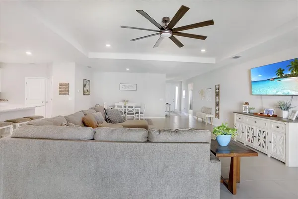 a living room with furniture flowerpot and a chandelier