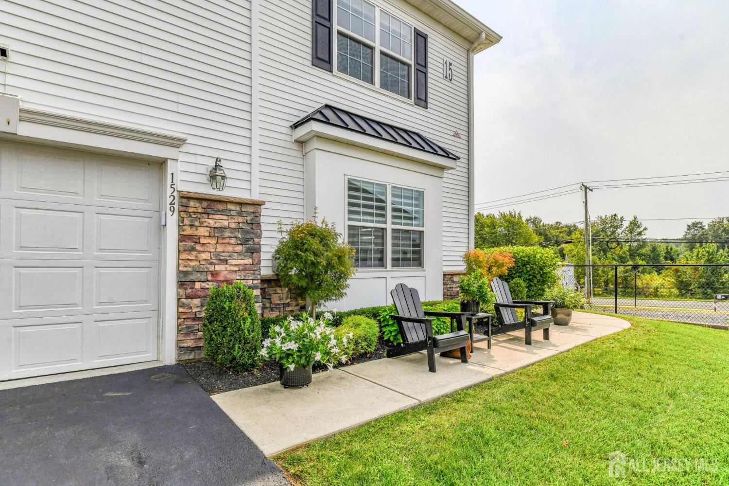 a garden view with a seating space