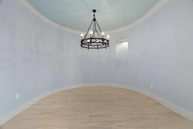 a view of a chandelier in a room