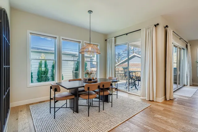 a view of a dining room with furniture window and wooden floor