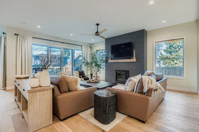 a living room with furniture a fireplace and a flat screen tv
