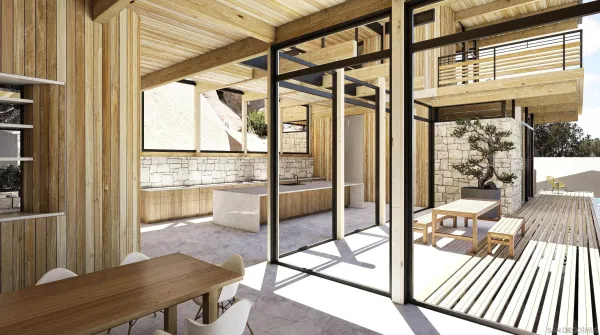 a view of a living room with a floor to ceiling window and wooden floor