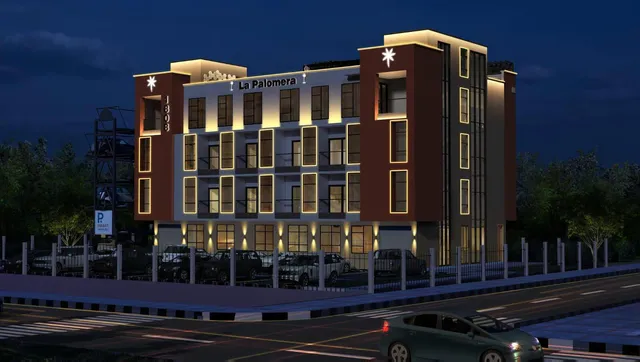 a front view of a building with street view