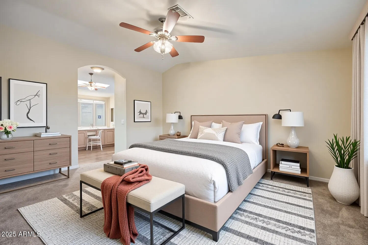 2550 South Ellsworth Road, Unit 277 Mesa, AZ 85209 - Photo 14 of 21 a spacious bedroom with a bed and a chandelier