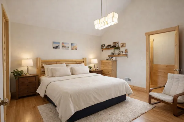 a bedroom with a bed and a chandelier