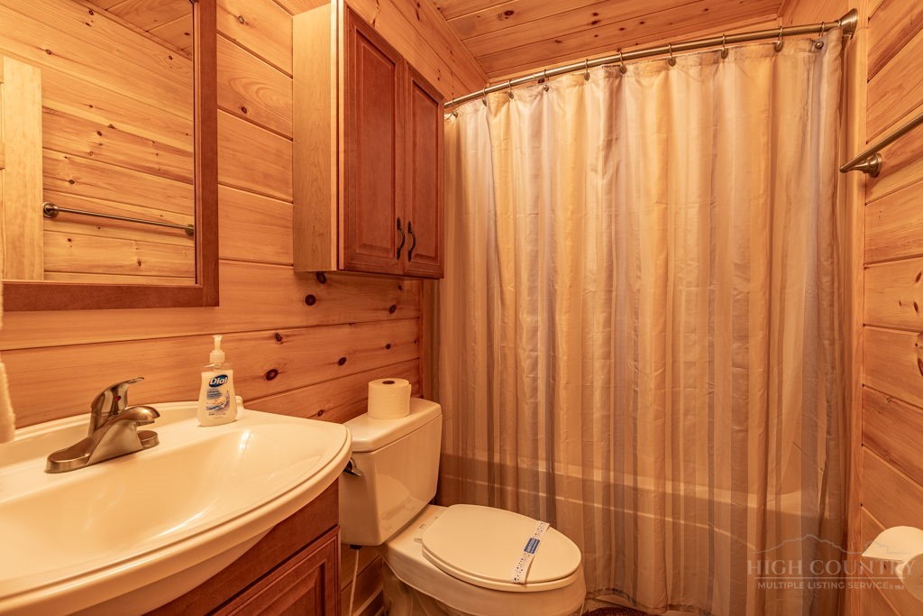 197 Woodby Ridge Road Vilas, NC 28692 - Photo 34 of 45 a bathroom with a sink a toilet and shower curtain