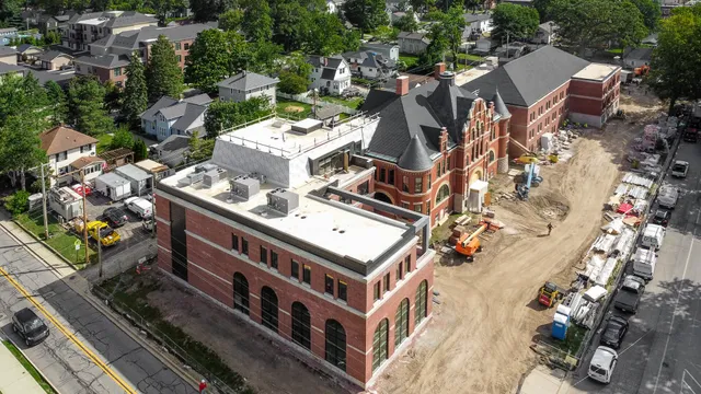 a front view of a building with street