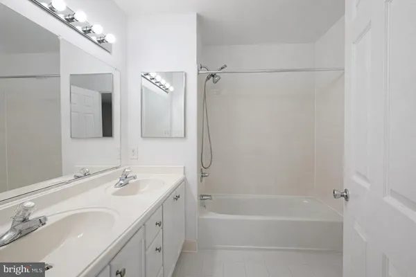 a bathroom with a tub sink double vanity and a mirror