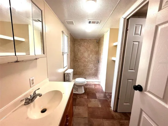 a bathroom with a sink mirror vanity and toilet