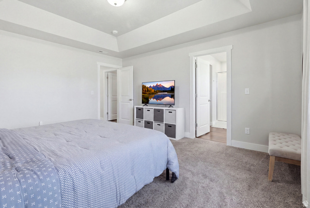 28 East Ginger Gold Road Santaquin, UT 84655 - Photo 26 of 36 Recessed ceiling with an overhead light fixture, light gray wall paint, and gray carpet flooring