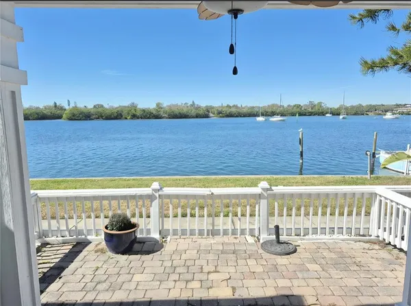 a view of a lake with a terrace