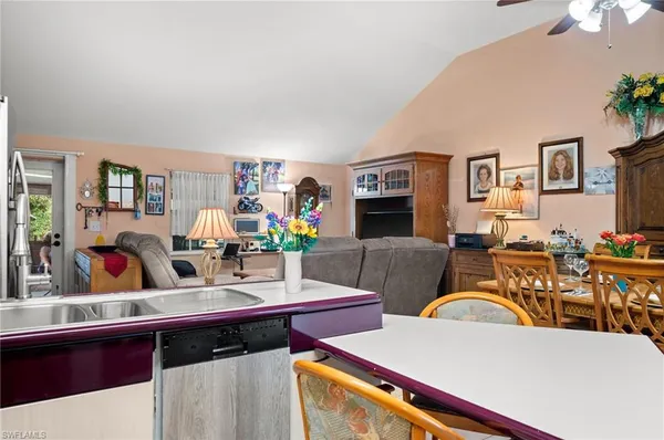 a view of a dining room with furniture