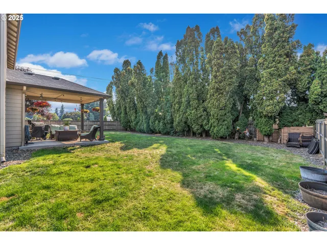 a view of a backyard with plants and a patio