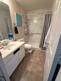 a bathroom with a sink a toilet a mirror and shower