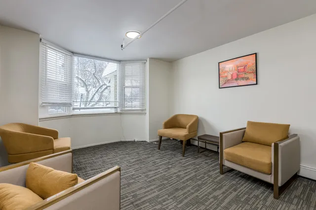 a living room with furniture and a potted plant